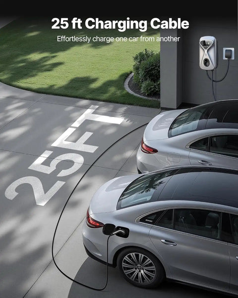 Fast Level 2 EV Charger 48 Amp 11.5kW 240V with NEMA 14-50 plug connected to cars with 25ft J1772 cable in driveway.