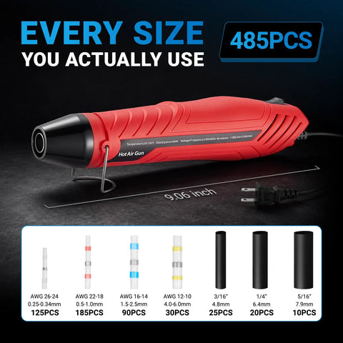 All In One 485 Piece Solder Seal Wire Connector Kit With 300W Heat Gun showing red heat gun and connector sizes