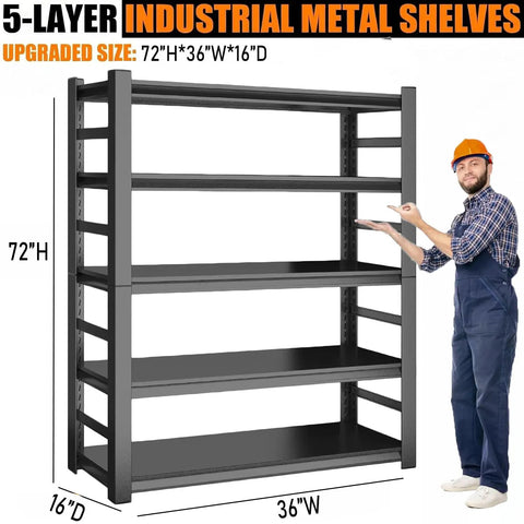 Heavy Duty Adjustable Five Tier Metal Garage Shelving Unit With Anti Slip Feet Anti Fall Rails Wall Anchor Hardware And Built Tough Garage Ready Storage On Uneven Floors, 72x36x16