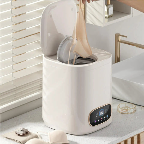 Portable Fully Automatic Washing Machine With LCD Touchscreen Auto Cycle One Click Operation No Sweat Cleanup For Dorms Apartments And RV Travel 9L Compact Washer with undergarment inside.