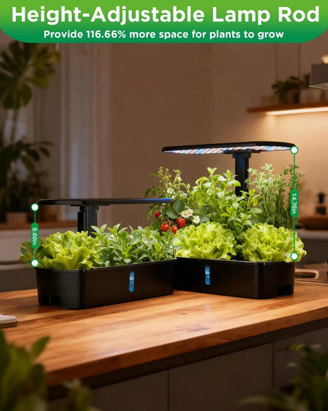Smart Indoor Herb Garden Kit With 24W LED Grow Light And Height Adjustable Tray, 12 Pod Hydroponic System on kitchen counter