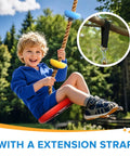 Child on Climbing Rope Tree Swing With Platforms And Seat For Kids in outdoor setting, showing hanging strap and carabiner.