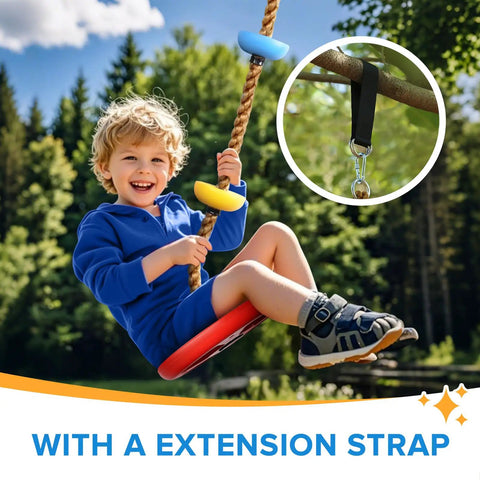 Child on Climbing Rope Tree Swing With Platforms And Seat For Kids in outdoor setting, showing hanging strap and carabiner.