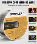Flux Core Welding Wire Set 2 Lb Each Three Pack E71TGS Mild Steel Wire Low Splatter For MIG Welding Compatible With HF Forney Harbor Welders AWS Quality Easy Welds Strong Welds Great Value Bundle, single spool shown with welding position guide.