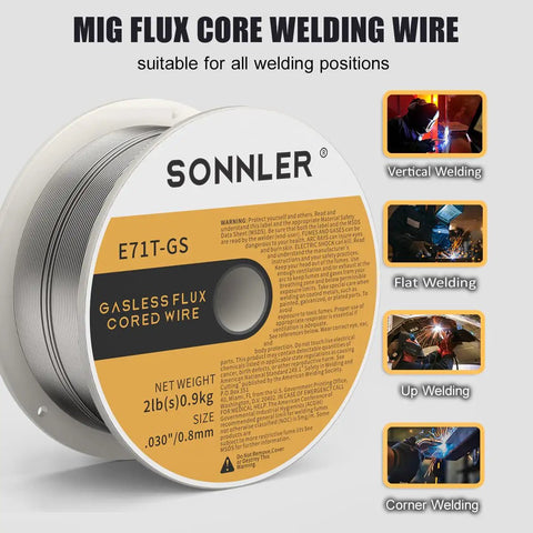 Flux Core Welding Wire Set 2 Lb Each Three Pack E71TGS Mild Steel Wire Low Splatter For MIG Welding Compatible With HF Forney Harbor Welders AWS Quality Easy Welds Strong Welds Great Value Bundle, single spool shown with welding position guide.