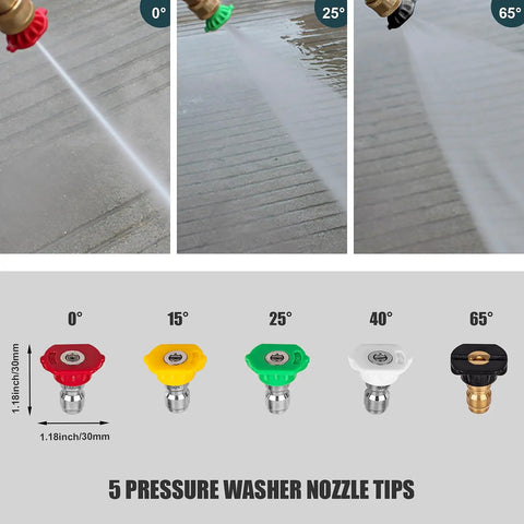 Pressure Washer Short Gun Foam Cannon Kit With One Quarter Inch Quick Connector And Five Nozzle Tips M22 To Fourteen Millimeter Inlet Adapter Up To Two Thousand PSI For Cars Driveways And Patios showing five nozzle tips at different angles and spray patterns
