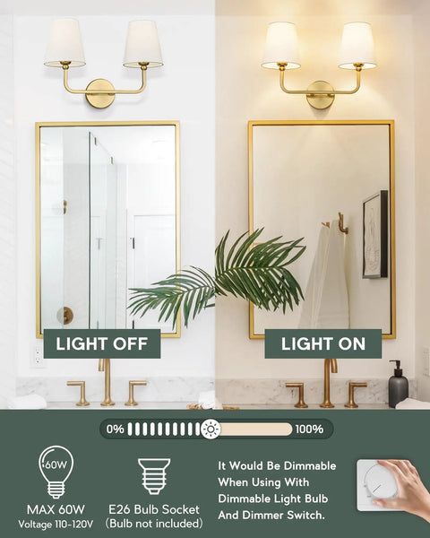 Gold Finish 2 Light Vanity Light Fixtures With Flared White Fabric Shade Modern Wall Sconces in on/off view with dimming feature