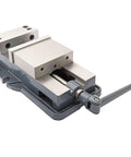 Heavy Duty 6 Inch Milling Machine Vise Crafted From Tough Ductile Iron With Hardened Steel Smooth Jaws, detailed view showing jaws and handle.