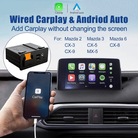 Mazda CarPlay And Android Auto Retrofit Kit Slick Plug And Play Upgrade For MZD Connect System displayed in a car dashboard