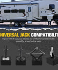 Park Your Trailer Crisp And Level Without The Hassle Using These Heavy Duty Stackable RV Leveling Blocks And Jack Support Pads That Snap Together For Campground Peace Of Mind And Come With A Quick Grab Bag, showing universal jack compatibility.