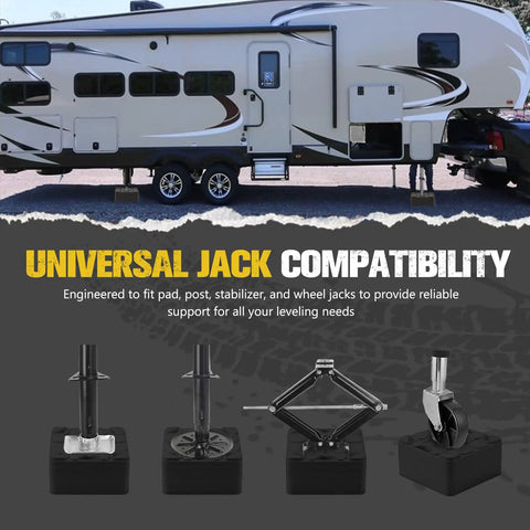 Park Your Trailer Crisp And Level Without The Hassle Using These Heavy Duty Stackable RV Leveling Blocks And Jack Support Pads That Snap Together For Campground Peace Of Mind And Come With A Quick Grab Bag, showing universal jack compatibility.