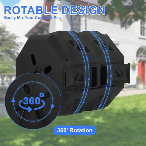 Dual Chamber Tumbling Compost Bin With Sliding Doors No Fuss, 43 Gallon Outdoor System with 360-degree rotatable design