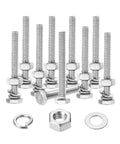 Kickass 10 Pack Of 1/4-20 X 2 Inch Stainless Steel Hex Bolts And Nuts With Washers, Rust Resistant Heavy Duty Fastener Kit Built Like A Tank For Garage Projects arranged on white background.