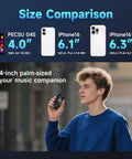 Size comparison of G4S 96GB MP3 Player with iPhone models, highlighting compact size for daily commute and travel.