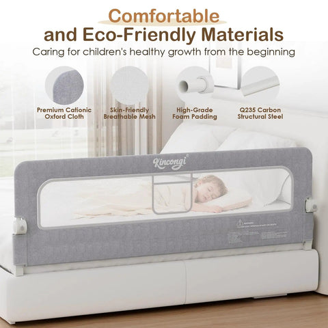 Ultra Sturdy 71 Inch Swing Down Toddler Bed Rail With Wide U Shaped Base for King Queen Full Twin Beds, breathable mesh guard