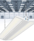 Built Different 3 Foot Led Linear High Bay Light With No Sweat Plug And Play Hookup And Adjustable 300W 250W Or 200W Power hanging in industrial space.