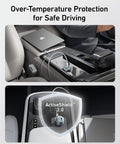 USB-C Car Charger 67W 3-Port Fast Charger shown in car console with laptop and ActiveShield 2.0 protection