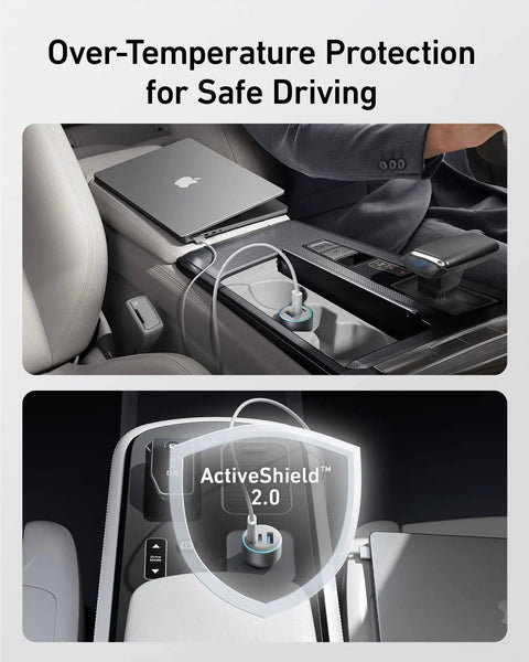 USB-C Car Charger 67W 3-Port Fast Charger shown in car console with laptop and ActiveShield 2.0 protection