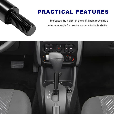 Upgrade Your Ride With 2 Inch Shifter Extension Lever Made From Durable Aluminum Alloy Fits M10x1.5 Threads For Smooth Gear Changes On Any 5 Or 6 Speed Manual Car Transmission Perfect For Daily Cruising And Track Days with black shifter lever in vehicle interior.