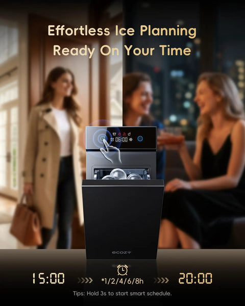 Crystal Clear Ice Ball Maker With CrystalFlux Technology, countertop use with timer display, home bar in background