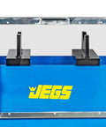 Front view of blue 50-Ton Hydraulic Shop Press With Floor Mount, Air Operated Foot Pedal Or Manual Operation, with JEGS logo