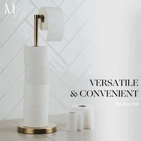 Freestanding Toilet Paper Holder With Storage For Four Rolls, Renter Friendly Stainless Steel Stand In Luxury Brushed Gold Finish