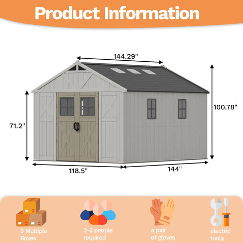 10x12 Ft Resin Outdoor Storage Shed With Floor Large Plastic Garden Shed With Windows And Lockable Door dimensions
