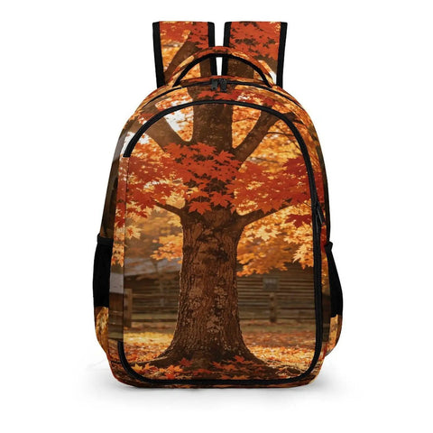 Autumn Red Maple Log Cabin Print Unisex Backpack with large capacity, durable polyester build, breathable comfort