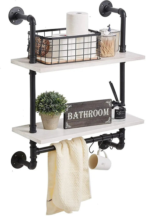 Dope Rustic Industrial Wall Shelves 24 Inch with Heavy Duty Pipe Frame Pine Wood Shelf Towel Bar Hooks for Bathroom Kitchen Coffee Bar Wine Display Rack Living Room Decor with bathroom décor items.