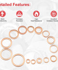 Copper Crush Washers Set, 150 Piece Metric M5 To M22 Assortment With 15 Sizes, corrosion and oxidation resistance features