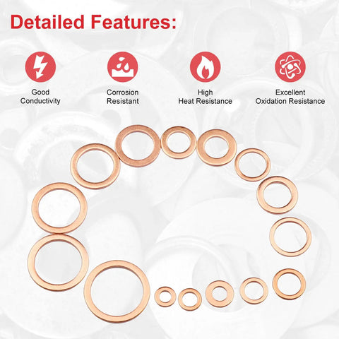 Copper Crush Washers Set, 150 Piece Metric M5 To M22 Assortment With 15 Sizes, corrosion and oxidation resistance features