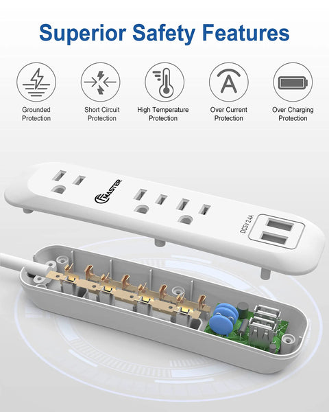 Power Strip Workhorse With Surge Protection And Mountable Design, 6 Foot Extension Cord, 3 Outlets And 2 USB Ports, interior view