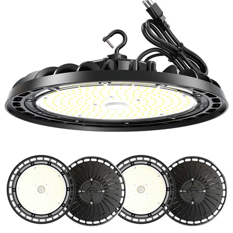 Led High Bay Light 150W Premium 4 Pack UFO Beast Bright Lighting with Plug 5000K 21000lm Dimmable IP65 UL ETL for Garage Shop