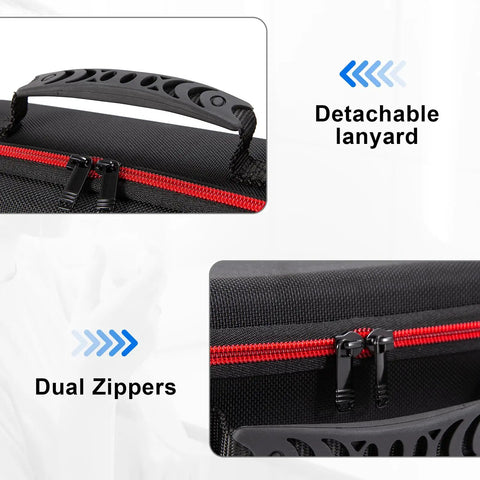 Hard Case For Nebulizer And Accessories, red case with detachable lanyard and dual zippers, travel ready storage bag close-up