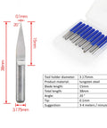 Tungsten steel CNC cutting tool with dimensions, shown with blue handled set, for Beefy 800W CNC Spindle Motor Kit 110V ER11 20000RPM.