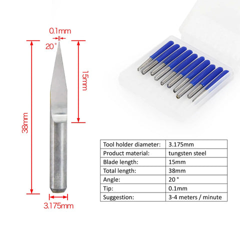 Tungsten steel CNC cutting tool with dimensions, shown with blue handled set, for Beefy 800W CNC Spindle Motor Kit 110V ER11 20000RPM.