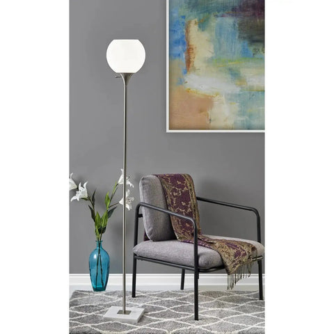 Fiona Torchiere Floor Lamp In Brushed Steel With Marble Base And Opal Glass Shade in modern living room setting