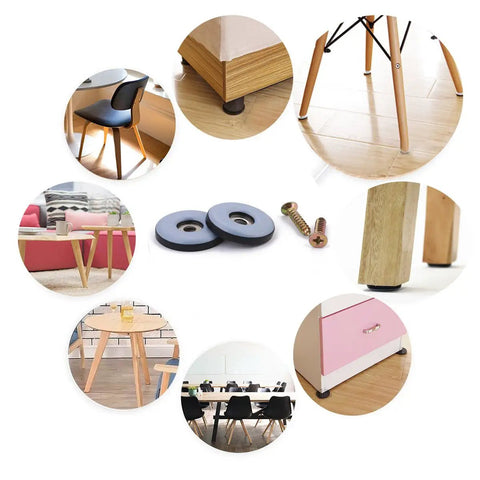 Assorted images of 3/4 Inch Screw On PTFE Teflon Furniture Glides for wooden furniture with screws, showcased on various furniture legs.