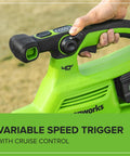 Close-up of the 40V Cordless Brushless Leaf Blower Vacuum With Bag 230 MPH 505 CFM Turbo Boost, showing variable speed trigger.