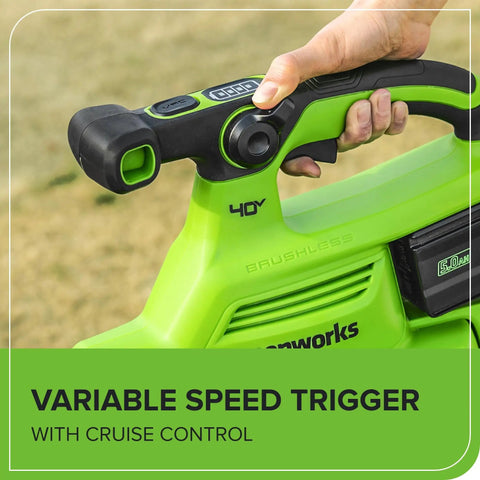 Close-up of the 40V Cordless Brushless Leaf Blower Vacuum With Bag 230 MPH 505 CFM Turbo Boost, showing variable speed trigger.