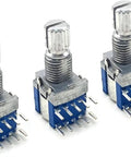 Three metal and blue rotary switches from the Rotary Encoder Kit Pack Of 5 RS1010 Band Switch Rotary Switch Gear Change Switch.