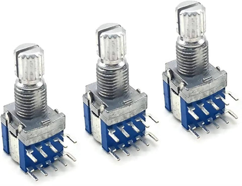 Three metal and blue rotary switches from the Rotary Encoder Kit Pack Of 5 RS1010 Band Switch Rotary Switch Gear Change Switch.