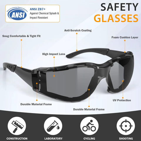 Premium Wrap Around Antifog Safety Glasses With Protective Eyewear And Foam Seal Gasket Offering Kick Ass Impact Shield And Snag Free Vision On Heavy Duty Worksites Daily with dark lenses and durable black frame.
