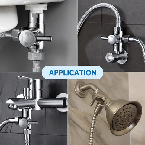 Solid Metal Shower Arm Diverter For Handheld And Fixed Shower Heads Universal Chrome Three Way Water Control Fitting With Half Inch IPS Inlet Replacement Part shown in various applications.