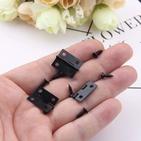 Hand holding 50 Pcs Mini Black Hinges For Wooden Boxes With 240 Replacement Screws 18 x 15mm Matte Iron Retro Handy Hardware Kit