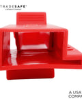 Close-up of red butterfly valve lockout device for 3 and 11 thirty second inch valve head diameter, water and propane shut off