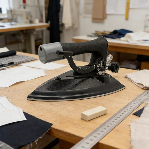 Heavy Duty Commercial Steam Iron Featuring Badass High Pressure Performance For Smooth Garment Pressing Factory Dry Cleaning And Bulletproof Temperature Control on a wooden table.