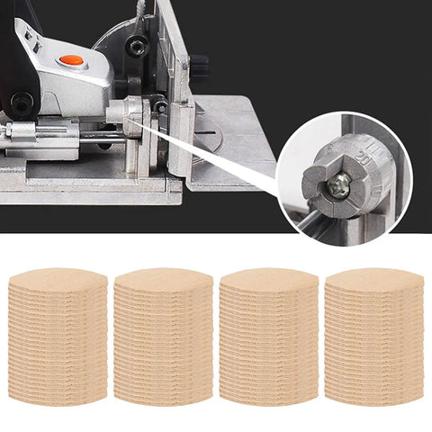 Solid Beech Wood Joining Biscuits Set, 100 Pack For Woodworking, Sizes 0 10 20, shown with biscuit joiner tool