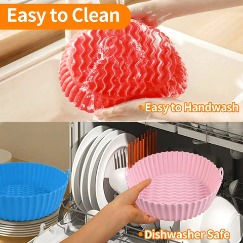 Three Pack Silicone Air Fryer Pots 7.5 Inch Basket Reusable Liner Food Grade Safe Silicone No Mess No Stress Cleanup Replacement For Parchment Liners For 3 To 4 Quart Air Fryers showing red liner being handwashed and blue liner in dishwasher