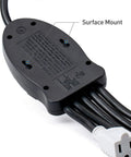 Close-up of 5 Outlet Power Cord Splitter with surface mount and 10 foot heavy duty extension showing color coded receptacles.